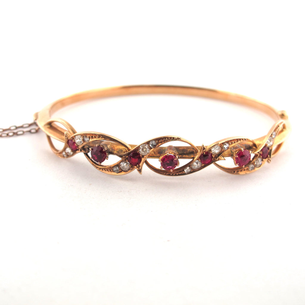 15ct yellow gold synthetic ruby and diamond antique hinged bangle